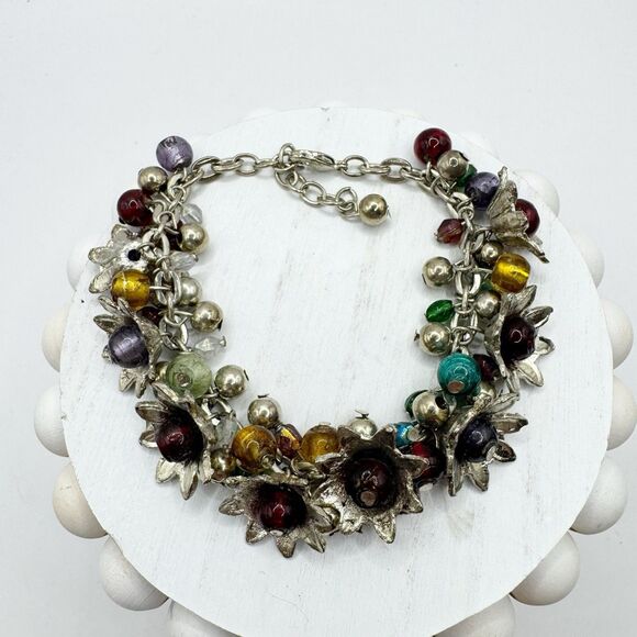 Colorful Glass Bead Flower Cluster Cha Cha Bracelet Silver Tone 7-8.5” - Picture 3 of 14